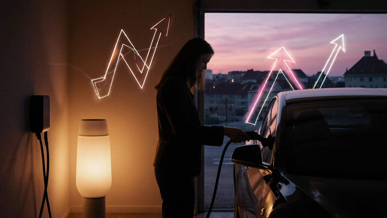 Anna lädt ihr Model 3 zu Hause, warmes Licht, Münchner Abendhimmel, dezente Spar‑ und Aufwärts‑Grafiken.
