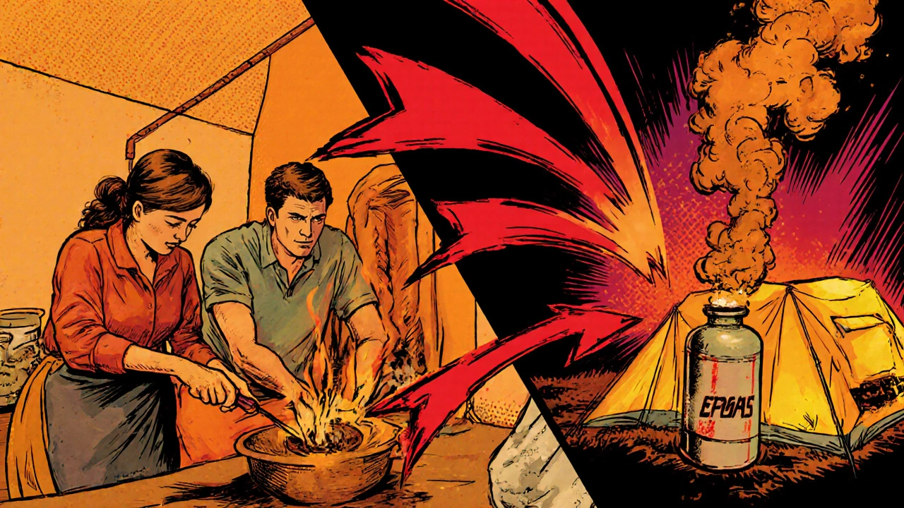 Comic-Stil: Familie mit Erdgas vs. Camper mit LPG-Flasche, Schwefelgeruch als Warnwolke