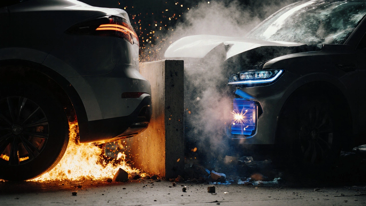 Crash-Test: knallendes Vorderteil eines Elektroautos mit Bodenbatterie und ein brennender Benzintank.