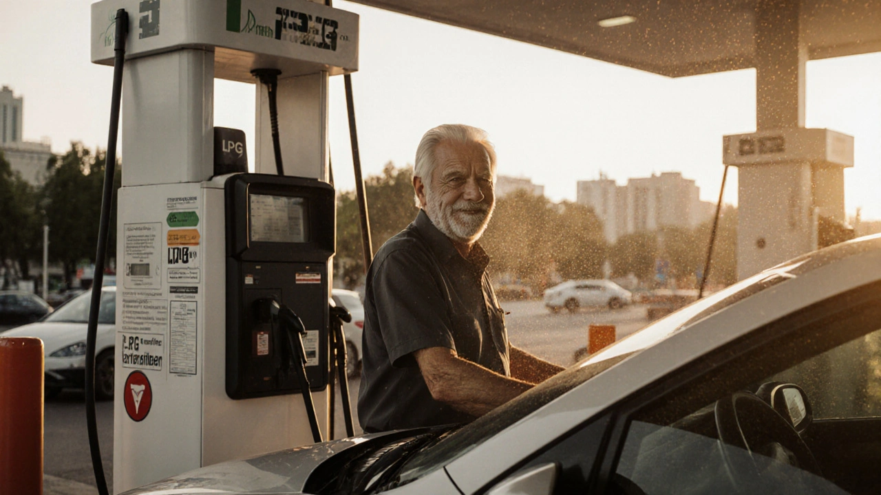 Ein älterer Fahrer tankt sein LPG-Auto an einer der letzten verbliebenen Tankstellen in Berlin.