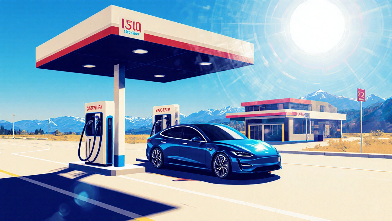 Elektroauto an einer DC‑Schnellladestation auf der Autobahnraststätte.