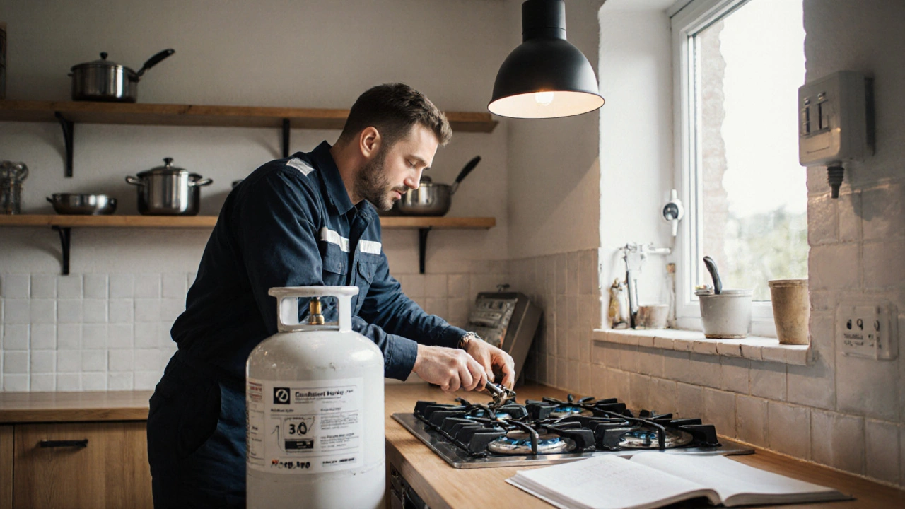Fachmann wechselt Gasdüsen an einem Kochfeld in einer ländlichen Küche mit LPG-Flasche und Bedienungsanleitung.