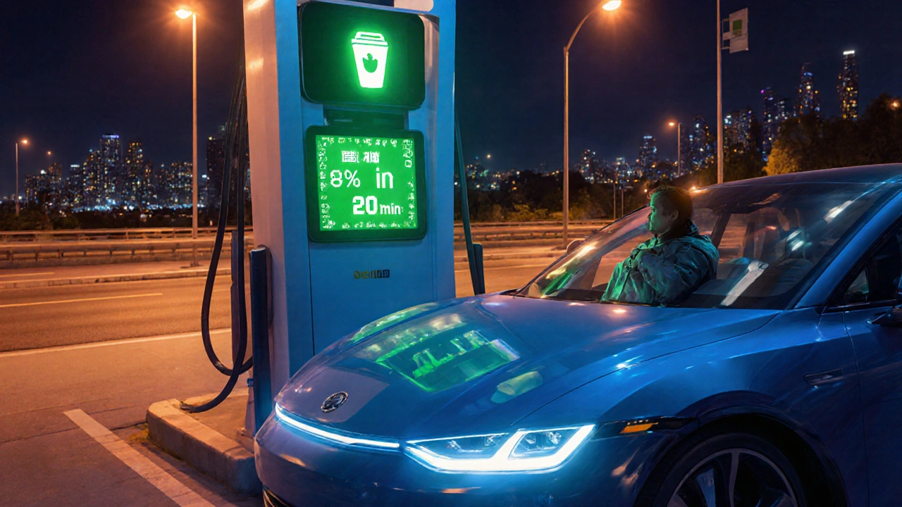 Fahrer lädt sein Elektroauto an einer Schnellladestation, 80% in 20 Minuten, während er eine Kaffeepause macht.