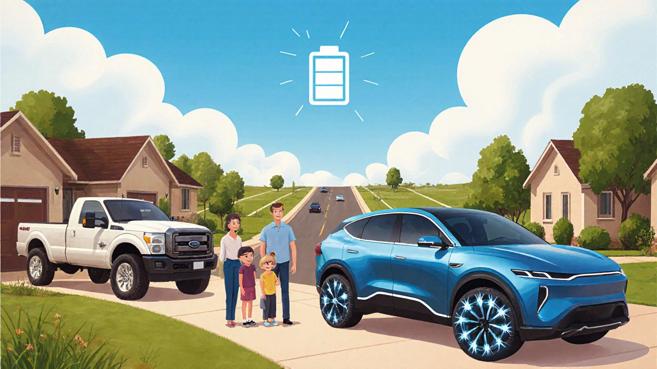 Familie betrachtet neben einem Pickup und SUV ein futuristisches Elektro‑SUV, während im Hintergrund eine offene Straße liegt.