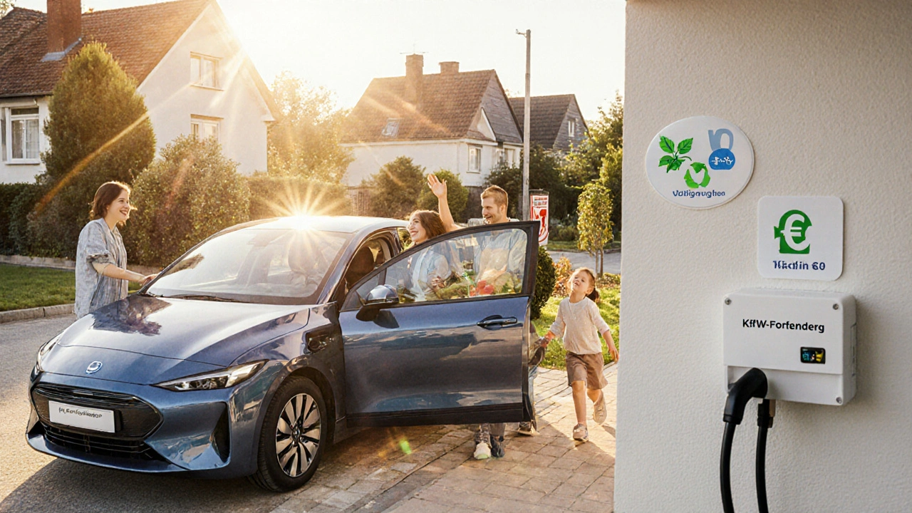 Familie lädt ihr Elektroauto zu Hause über eine geförderte Wallbox, Sonne im Hintergrund.