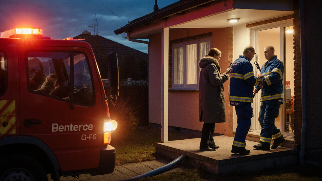 Feuerwehr und Techniker prüfen Haus nach Propangeruch, Bewohner außen.