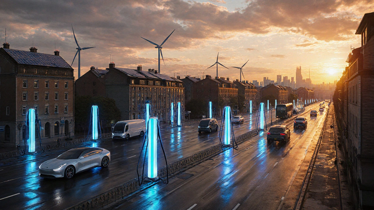 Futuristische Stadt bei Dämmerung, viele Ladestationen, Elektroautos dominieren, wenige Diesel‑Fahrzeuge.