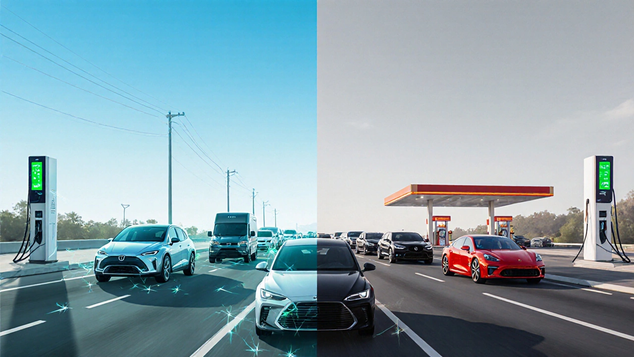 Geteilte Ansicht: Links Elektroautos an Schnellladestationen, rechts Benzinfahrzeuge an einer Tankstelle.