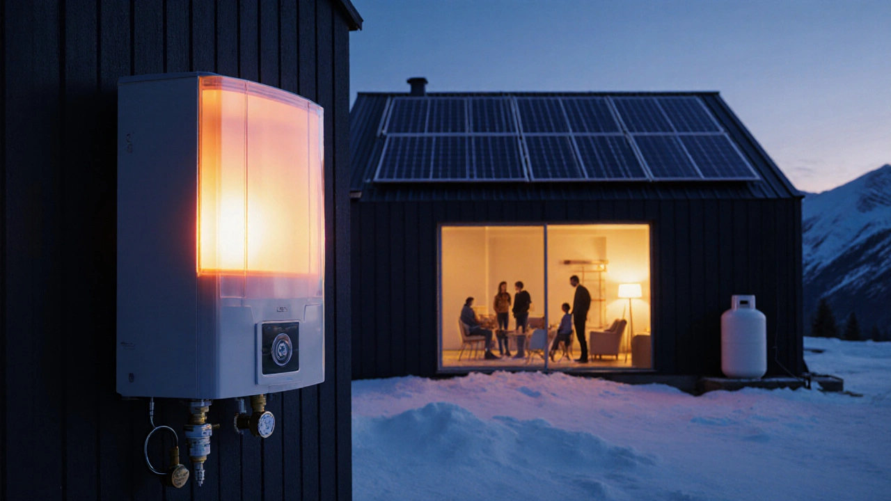 Haus bei Dämmerung, LPG‑Heizung glüht, Solarpanels auf dem Dach, Familie im warmen Wohnzimmer.