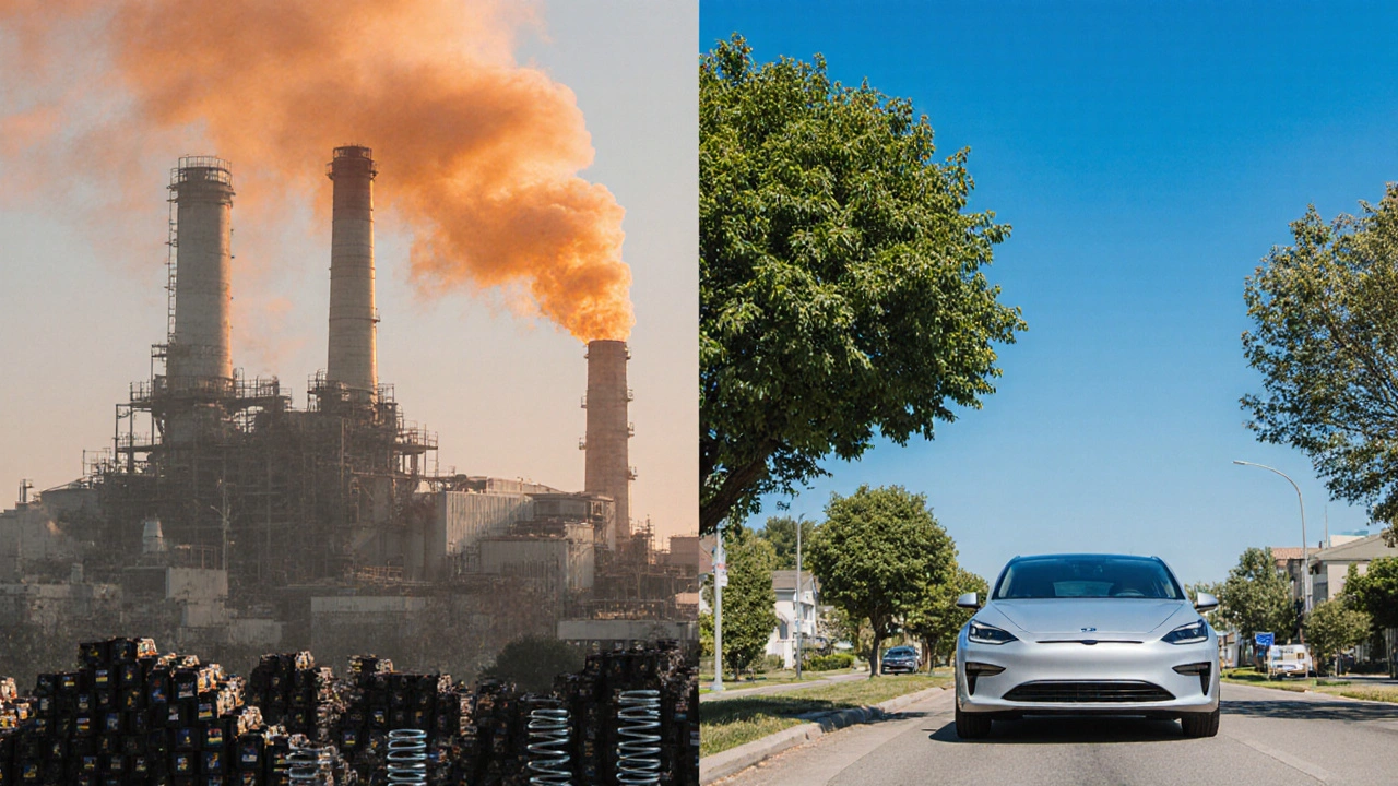 Industriefabrik mit Batterien neben einem Hybridauto, das den CO₂‑Kompromiss darstellt.