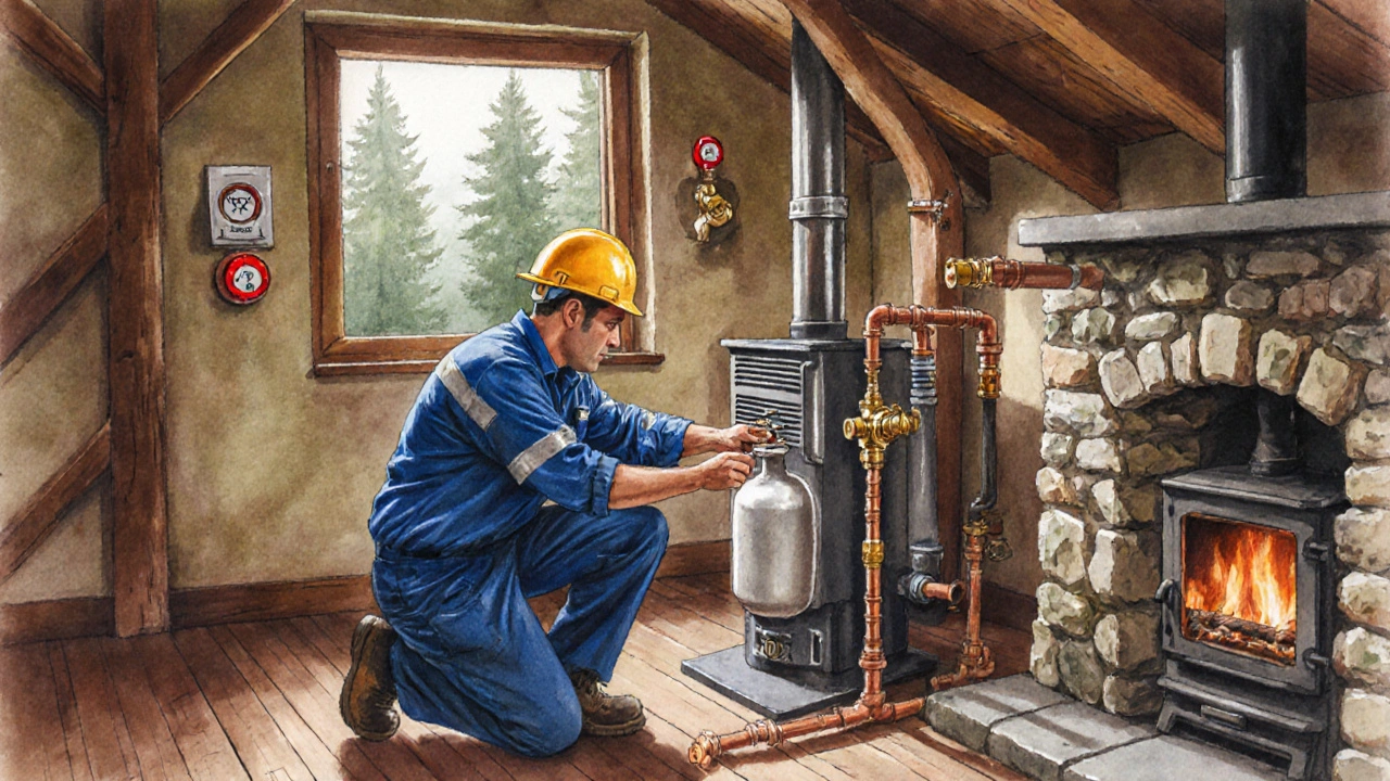 Installateur verbindet LPG‑Flasche mit Heizgerät, zeigt Regler und Sicherheitsventil in rustikalem Haus.