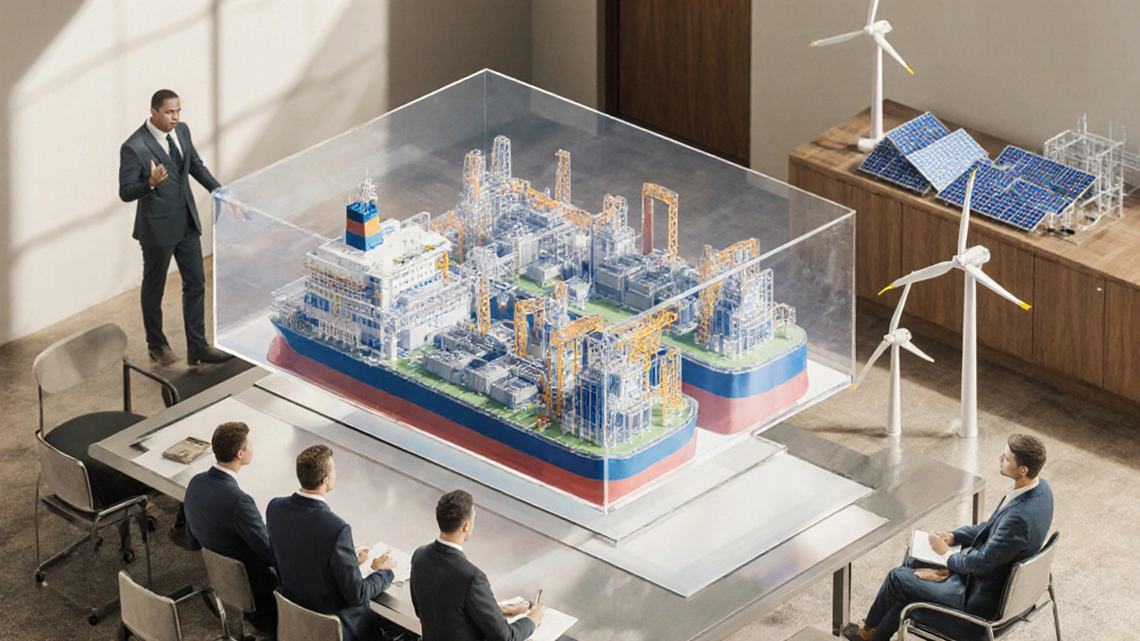 Konferenzraum mit 3‑D‑Modell eines LNG‑Terminals, Wind‑ und Solar‑Anlagen im Hintergrund.