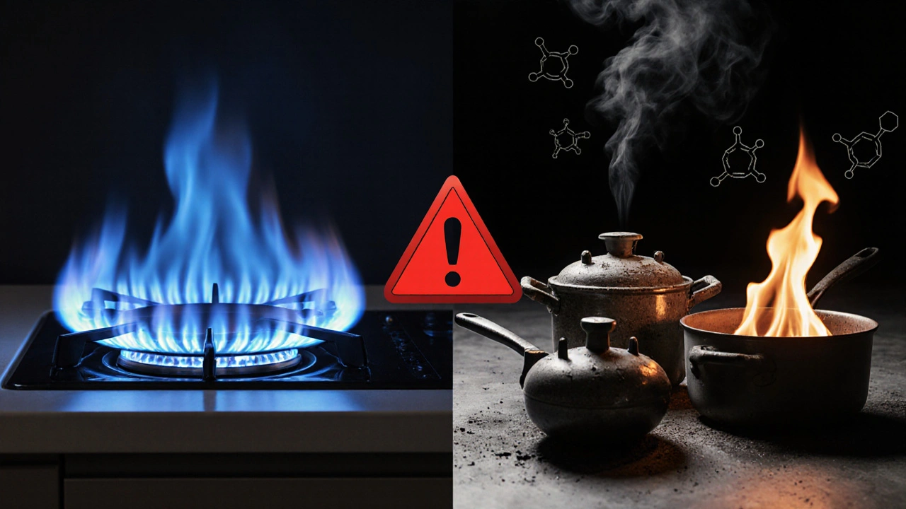 Kontrast: saubere blaue Flamme gegenüber rußiger orangener Flamme mit Warnsymbol und Molekülen im Hintergrund.