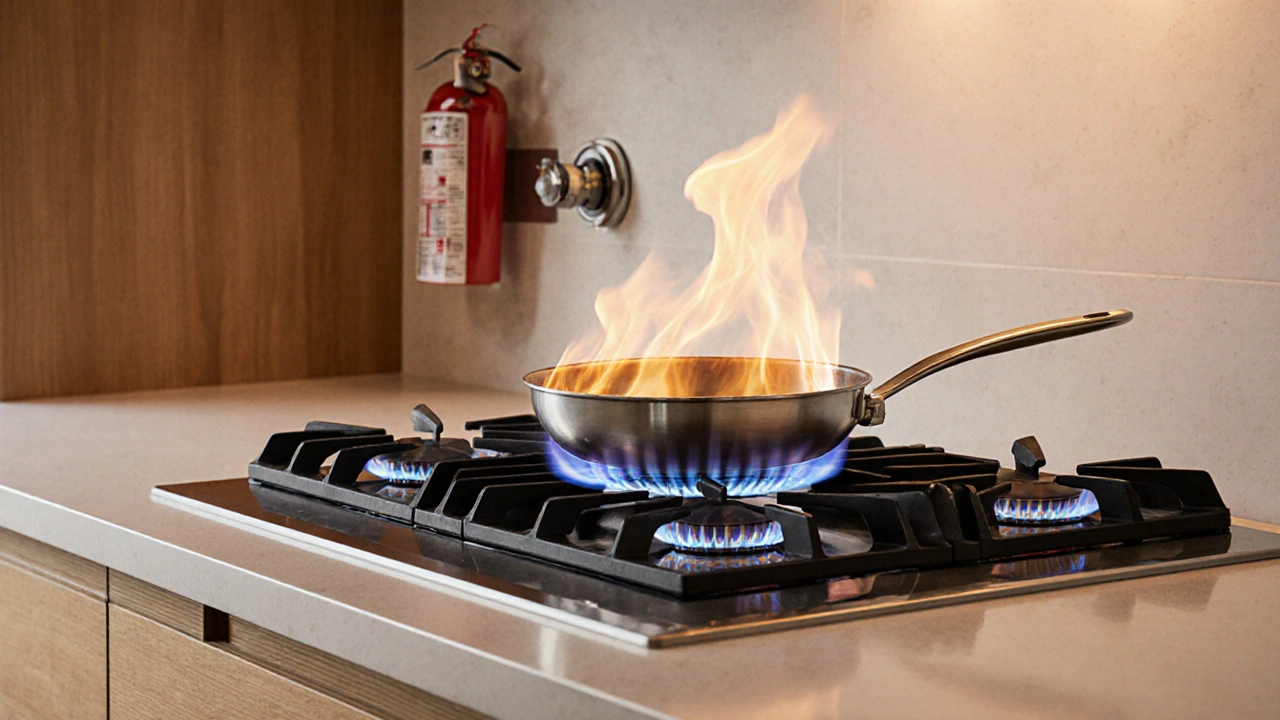 Küche mit LPG‑Brenner, Sicherheitsventil und Feuerlöscher.