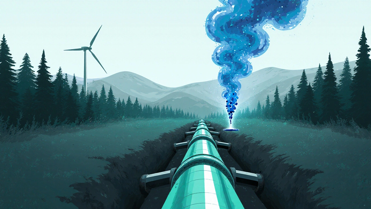 Leckender Erdgaspipeline im Wald, blaue Methanwolke steigt in die Luft, Berge im Hintergrund.