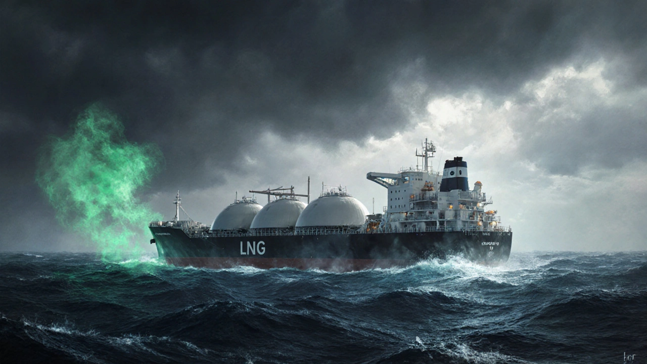 LNG‑Transportschiff auf See mit durchsichtiger, grünlicher Methan‑Wolke.