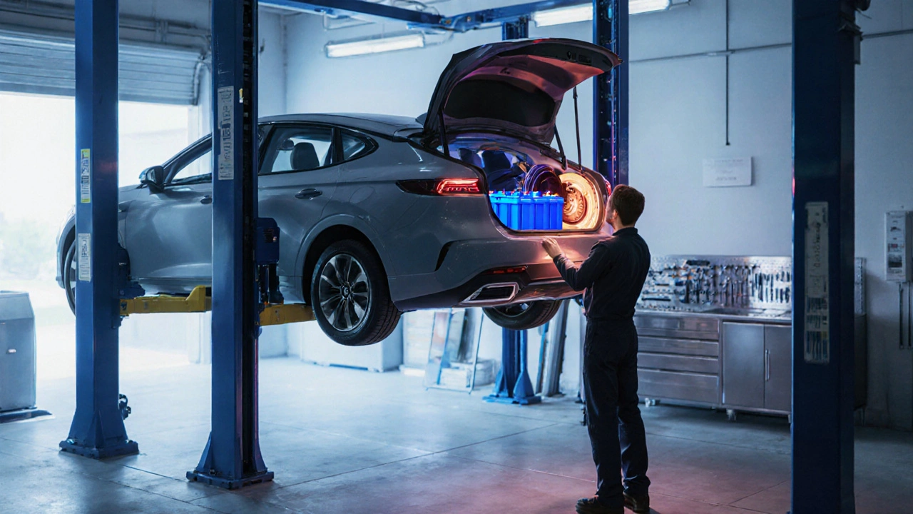 Mechaniker prüft Hybridbatterie und regenerative Bremse in einer Werkstatt.