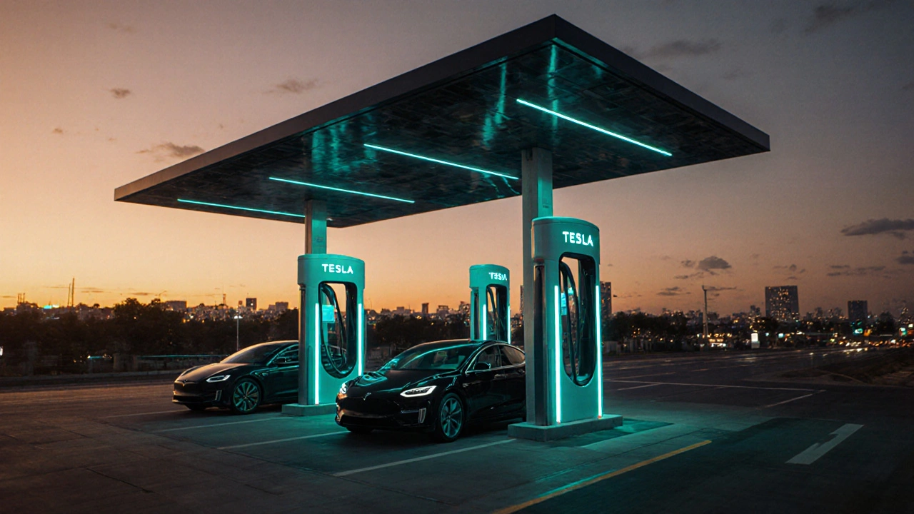 Mehrere Tesla‑Modelle an einer Supercharger‑Station, futuristisches Design, Abendlicht, schnelle Ladekabel.