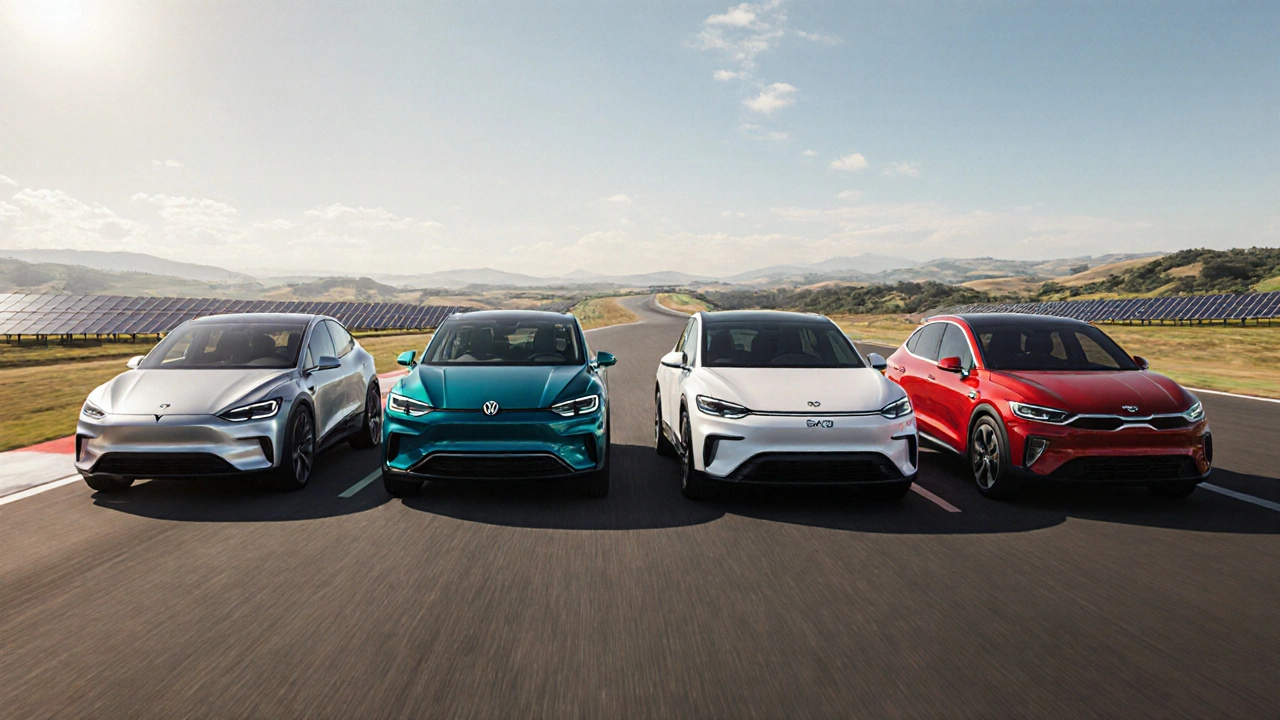 Model Y, ID.4, BYD Han und Kia EV6 nebeneinander in einer Showroom-Umgebung.