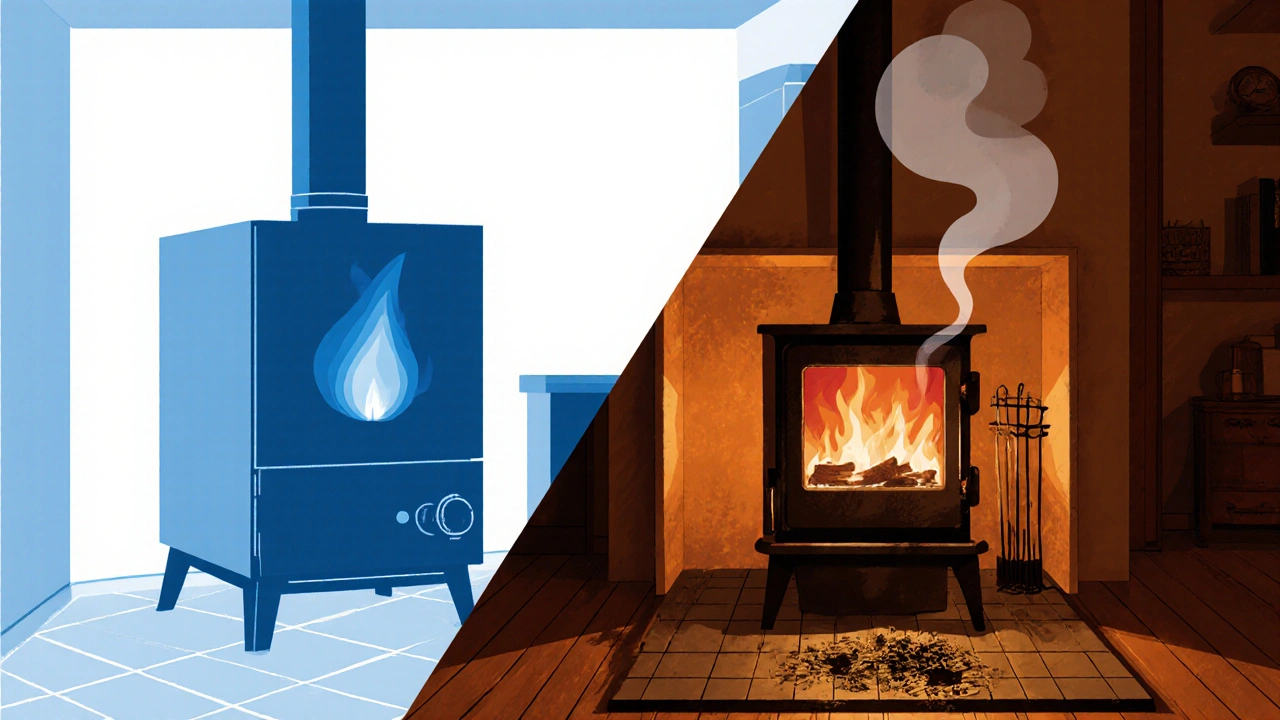 Moderne LPG‑Heizanlage mit blauer Flamme im Vergleich zu einem traditionellen Holzofen mit rauchiger Flamme.