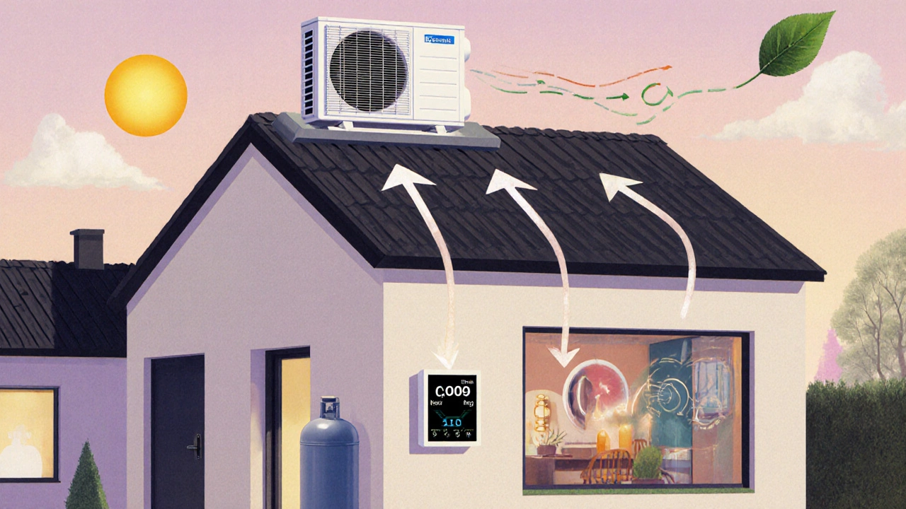 Modernes Haus mit Wärmepumpe, kleinem LPG‑Tank und Energiemonitor, Symbol für hybride Heizung.