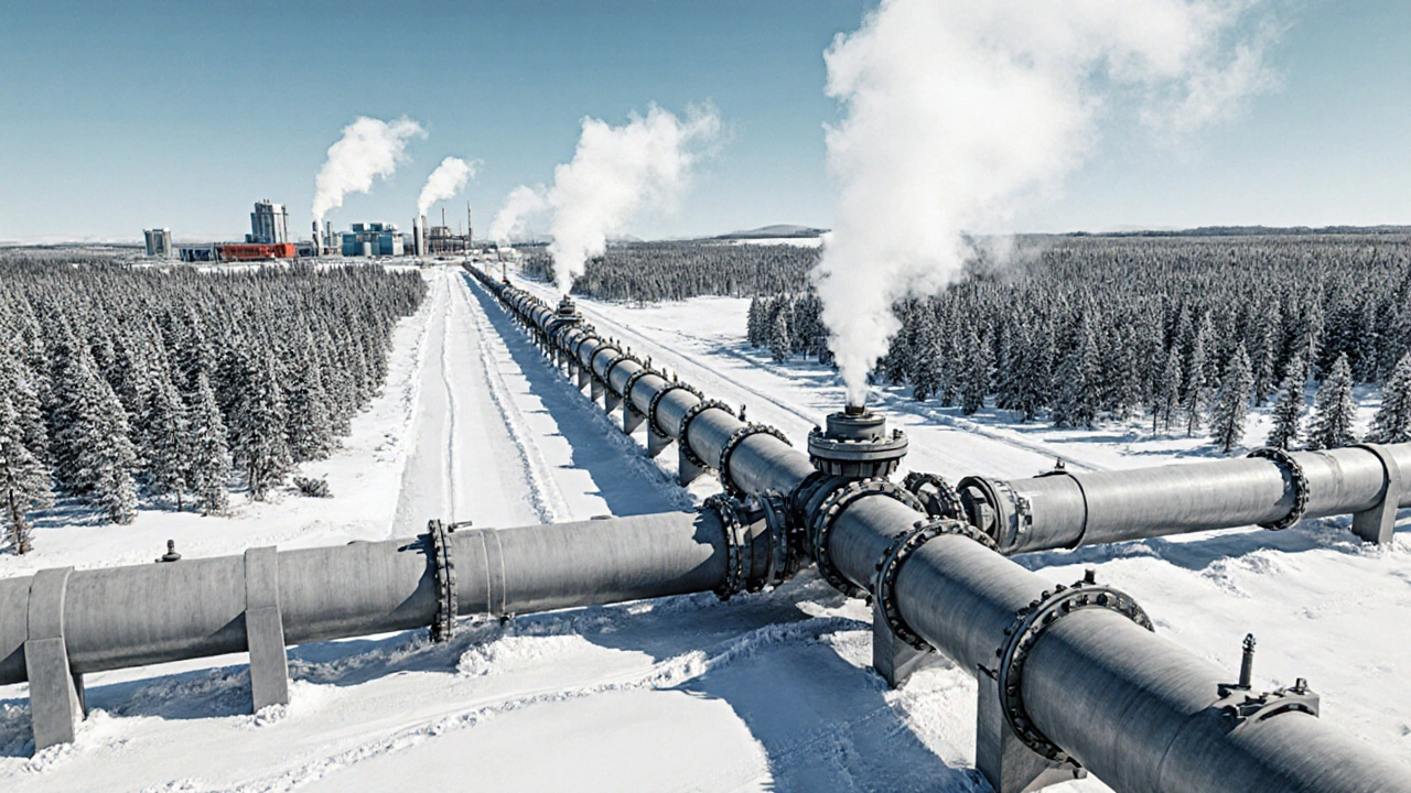 Natural gas pipeline crossing the U.S.-Canada border through snowy forests.