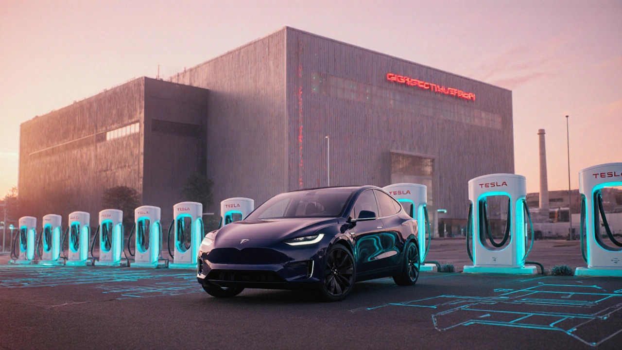 Neues Model Y 2025 vor einer erweiterten Gigafactory mit Superchargern im Morgengrauen.