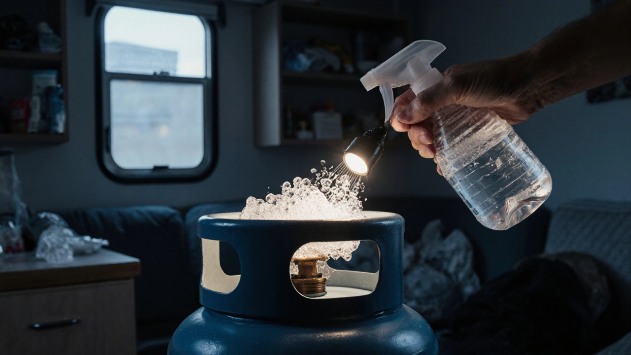 Soap bubbles zeigen eine LPG-Leckage an einem Gaszylinder in einem Wohnmobil.