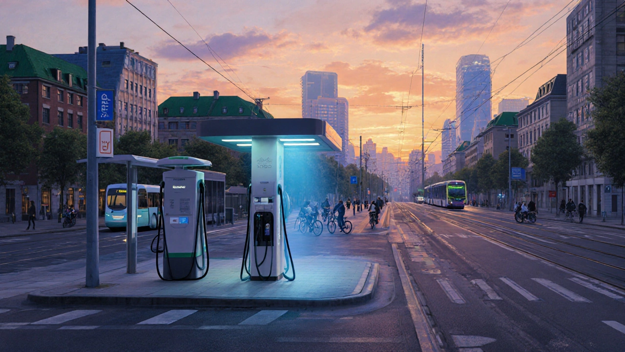 Stadt mit EV‑Ladestation, Wasserstofftankstelle, Hybridbus, Radwege und Tram.