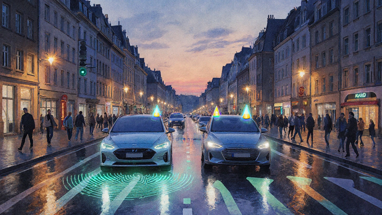 Städtische Straße bei Dämmerung, Elektro- und Benzinauto mit Pedestrian‑Sound‑System, ADAS‑Leuchten aktiv.