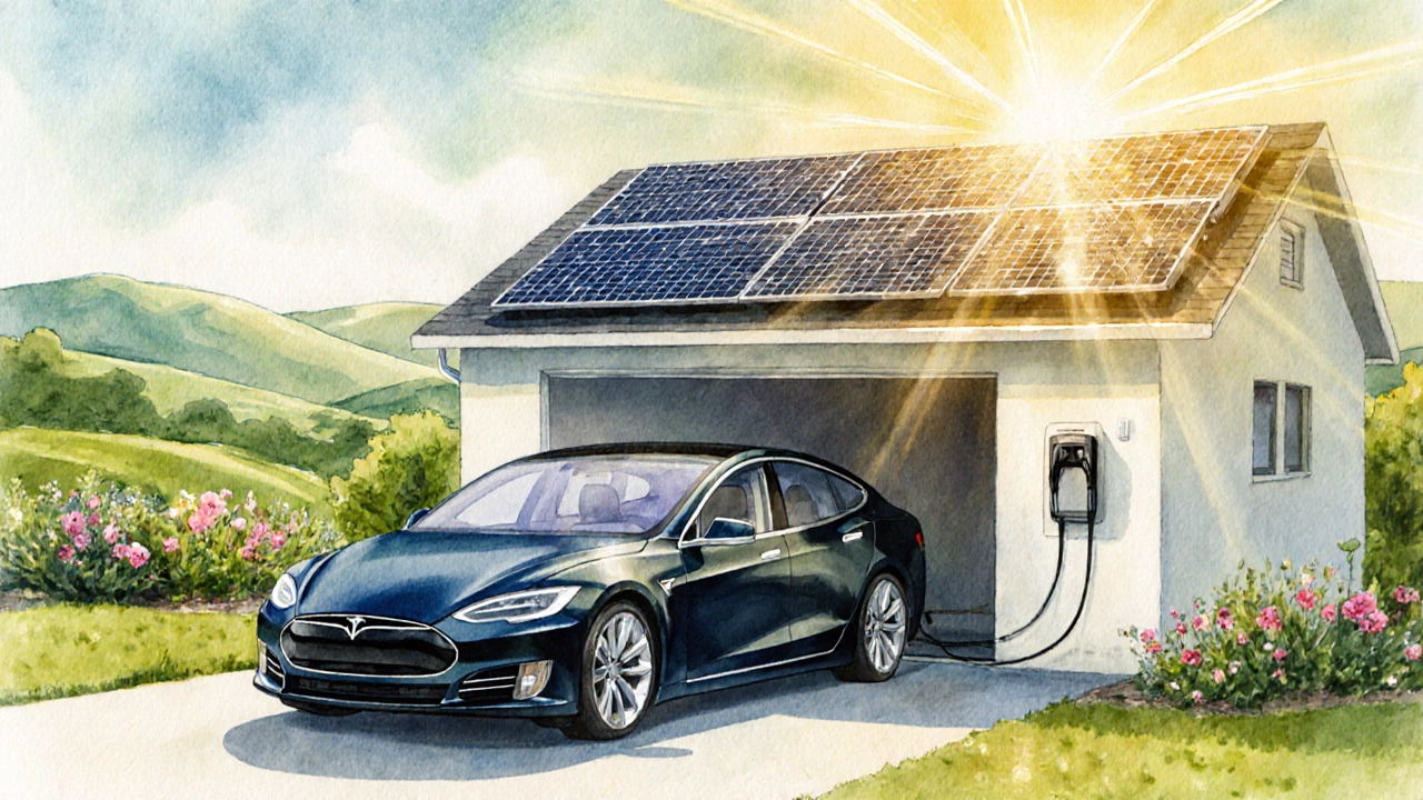 Tesla an einer Solaranlage‑Wallbox, Sonne, Dachsolarpanele, grüner Hintergrund, umweltfreundliches Laden.