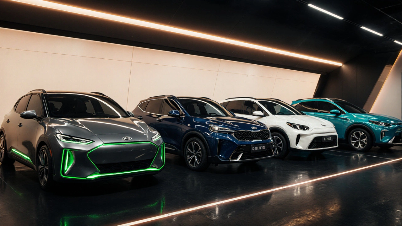 Verschiedene Elektroautos stehen nebeneinander im modernen Showroom.