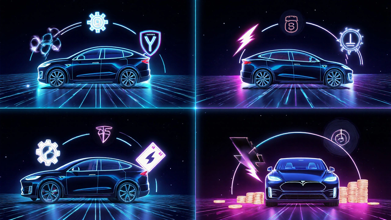 Vier Teslas im futuristischen Stil, umgeben von Symbolen für Finanzierung, Versicherung, Strom und Wartung.