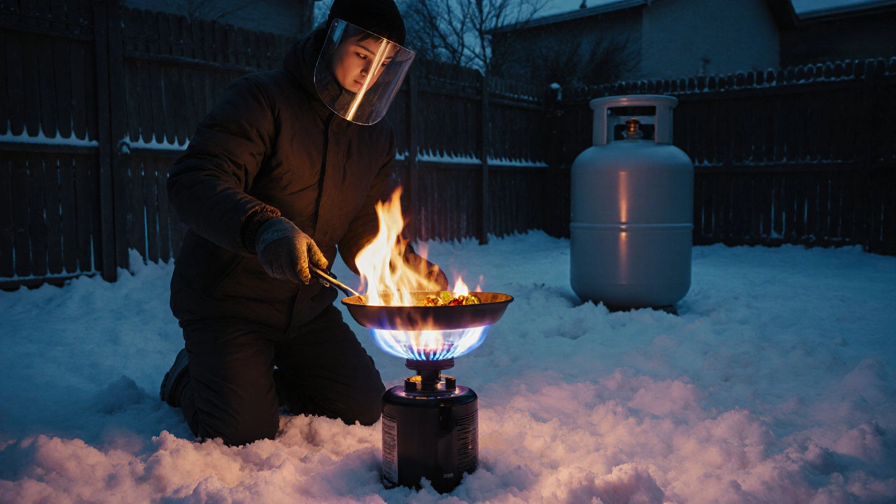 Wintergarten bei Dämmerung: Grill mit Butan‑Stove, schneebedeckte Umgebung, LPG‑Zylinder im Hintergrund.