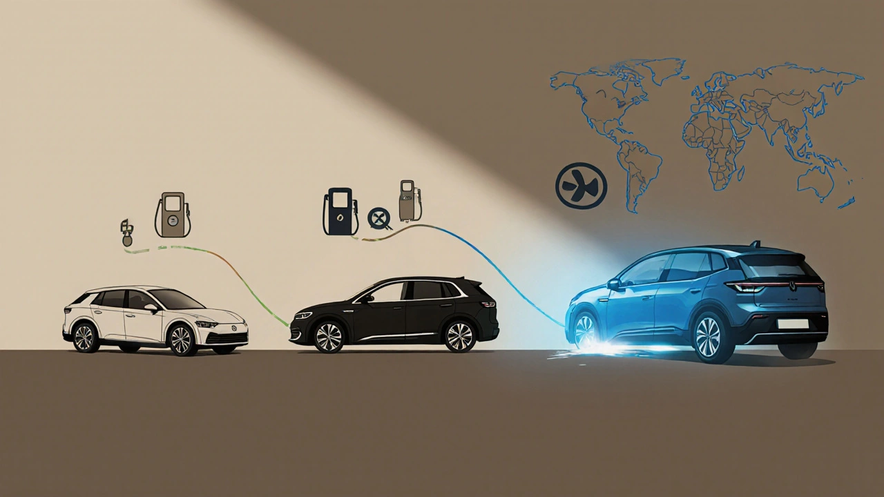 Zeitlinie des Kraftstoffwandels: LPG-Auto, Übergang, Elektroauto mit schwindenden Tankstellen-Symbolen.