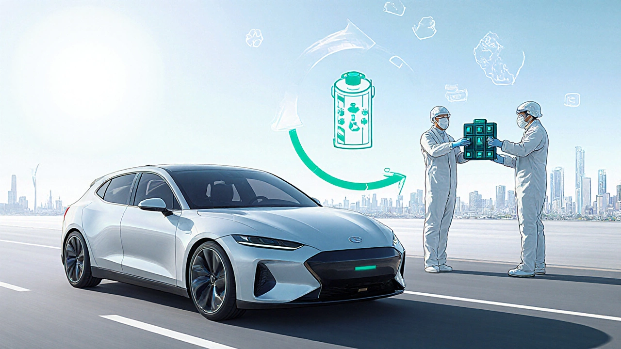 Zukunfts‑Hybridauto mit leichtem Festkörper‑Batteriemodul und Recycling‑Symbolen.