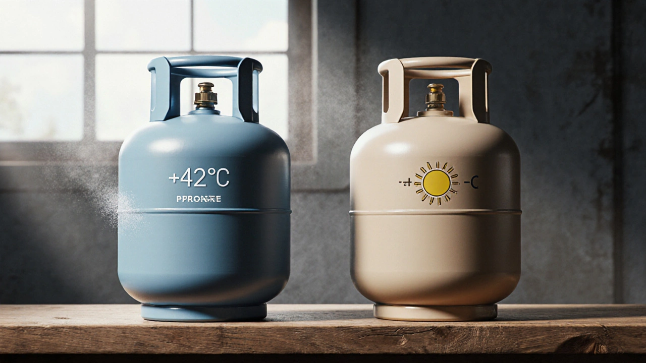 Zwei Gasflaschen im Vergleich: Propan mit Frost‑Symbol, Butan mit Sonne‑Symbol.