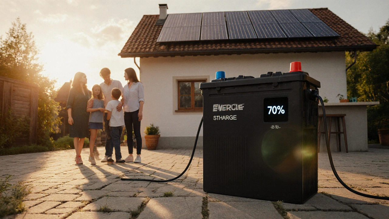 Alte Elektroauto-Batterie als Heimspeicher mit Solaranlage in einem bayerischen Garten.
