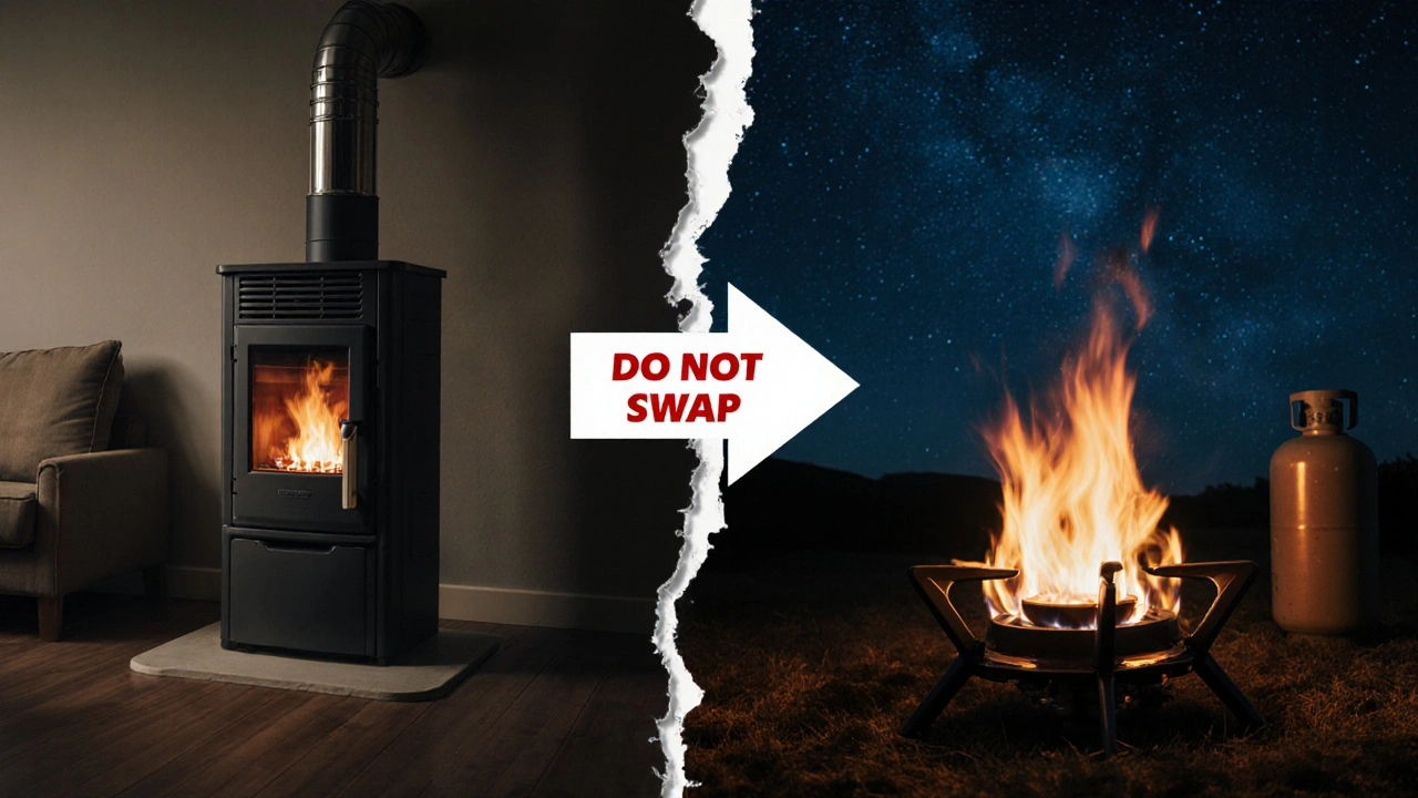 Aufgespaltenes Haus: Erdgas-Heizung im Wohnzimmer, Propan-Campingkocher unter Sternen, geknickter Pfeil warnt vor Gaswechsel.