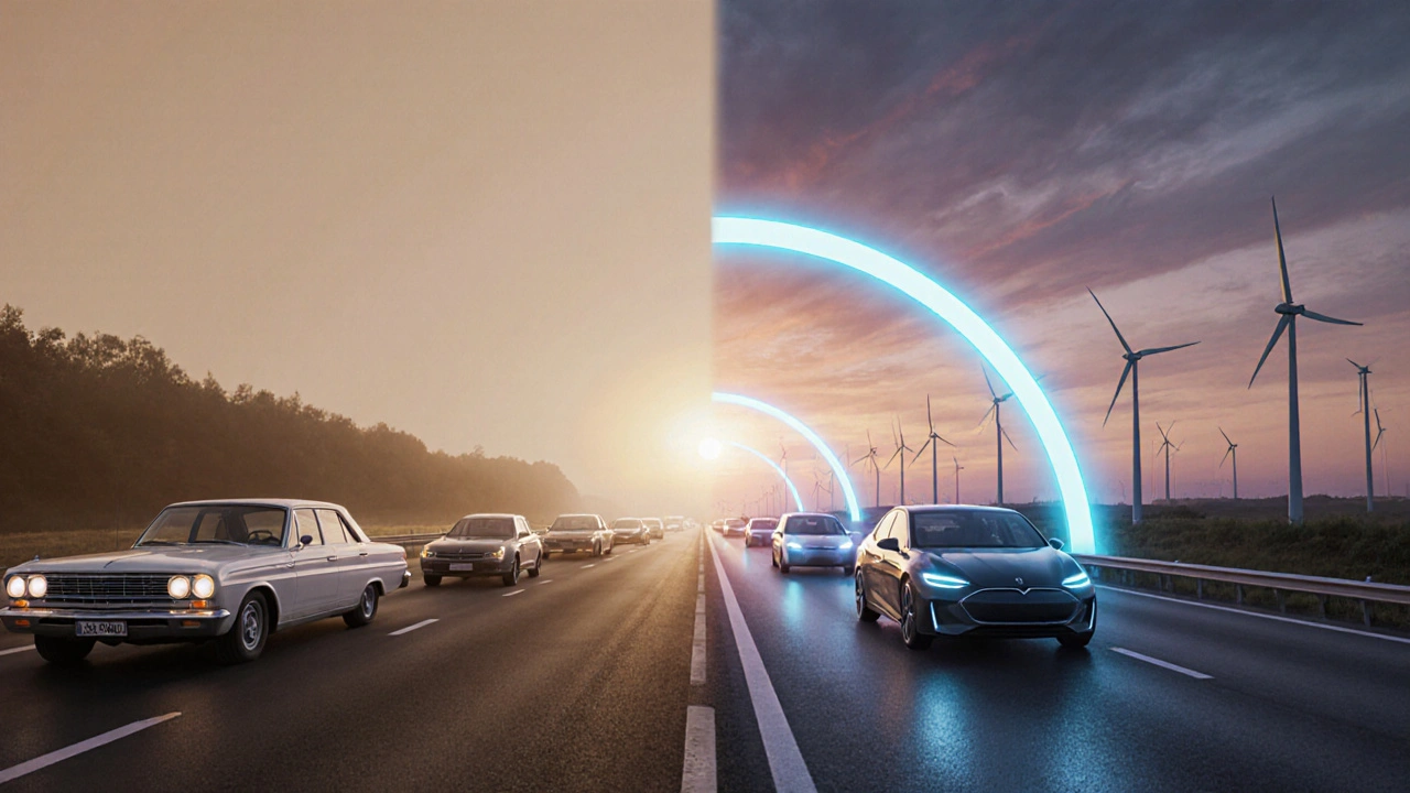 Autobahn mit alternden Benzinautos auf einer Seite und elektrischen Fahrzeugen auf der anderen, bei Sonnenuntergang.