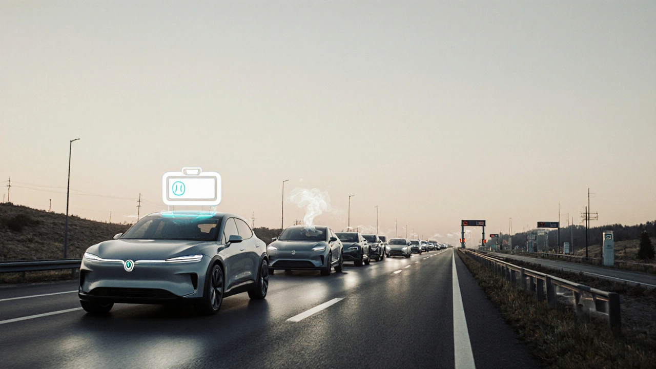 Autobahn mit Elektroautos in der Morgendämmerung, unterschiedliche Antriebsarten durch Licht und Dampf dargestellt.