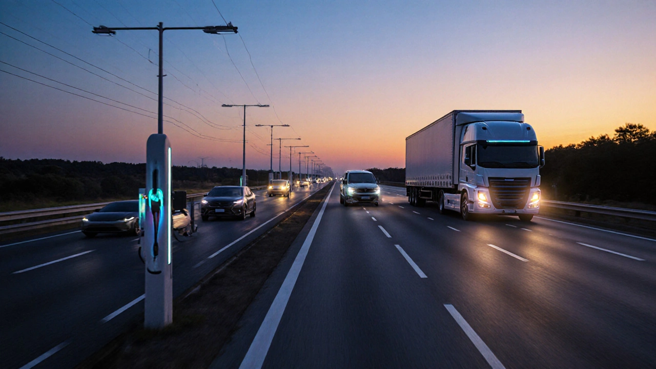 Autobahn mit Elektroautos, Wasserstoff-Lkw und Plug-in-Hybrid im Mittelbereich.
