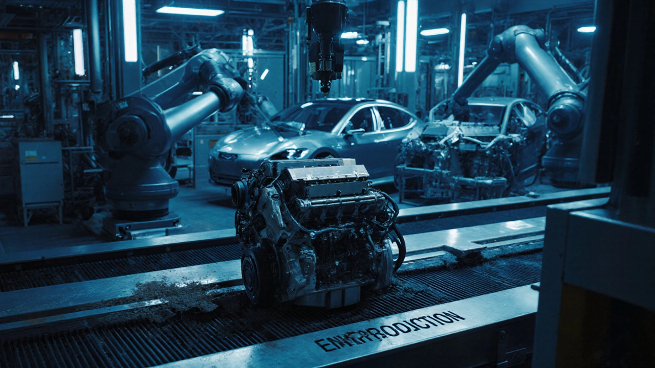 Automobilfabrik: Roboter bauen Elektroauto-Batterien ein, während ein veralteter Benzinmotor auf einem Förderband verstaubt.