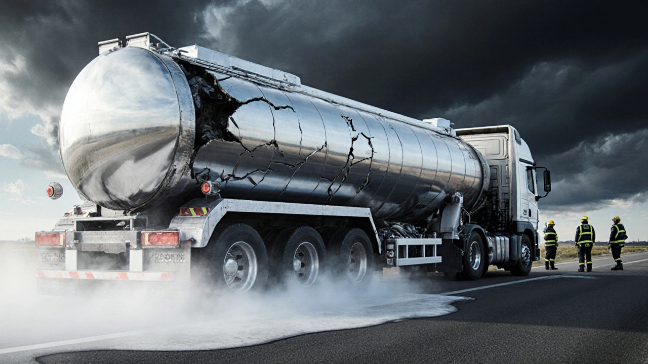 Beschädigter LNG-Lkw mit kaltem Nebel am Boden nach einem Unfall.