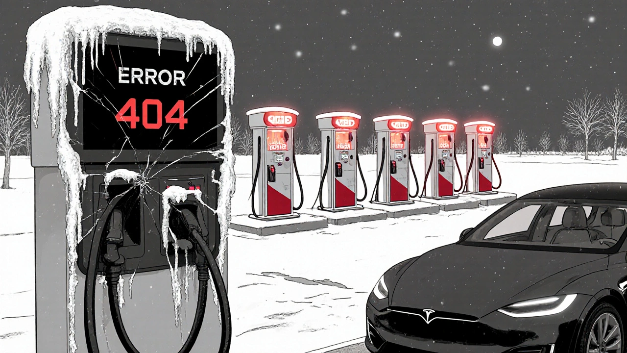 Defekte Ladestation mit Eis und Fehlermeldung neben einem gestrandeten Elektroauto.