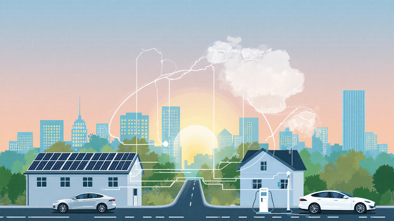Deutsche Stadtlandschaft mit Solaranlagen auf Dächern, die Energie an Elektroautos liefern, CO2-Einsparung als durchscheinendes Diagramm.
