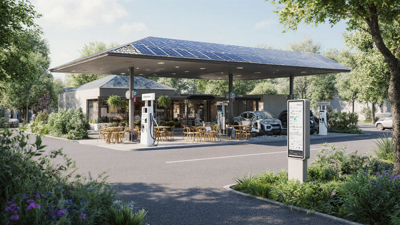 Ehemalige Tankstelle als Café mit Ladesäulen und Solardach, umgeben von Grün.
