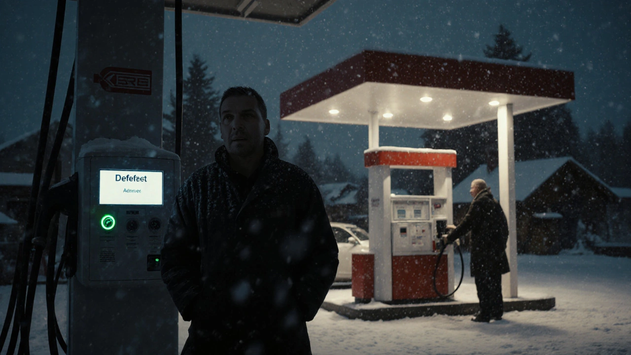 Ein defekter Ladestand und eine funktionierende Tankstelle im Winter, Fahrer mit unterschiedlichen Reaktionen.