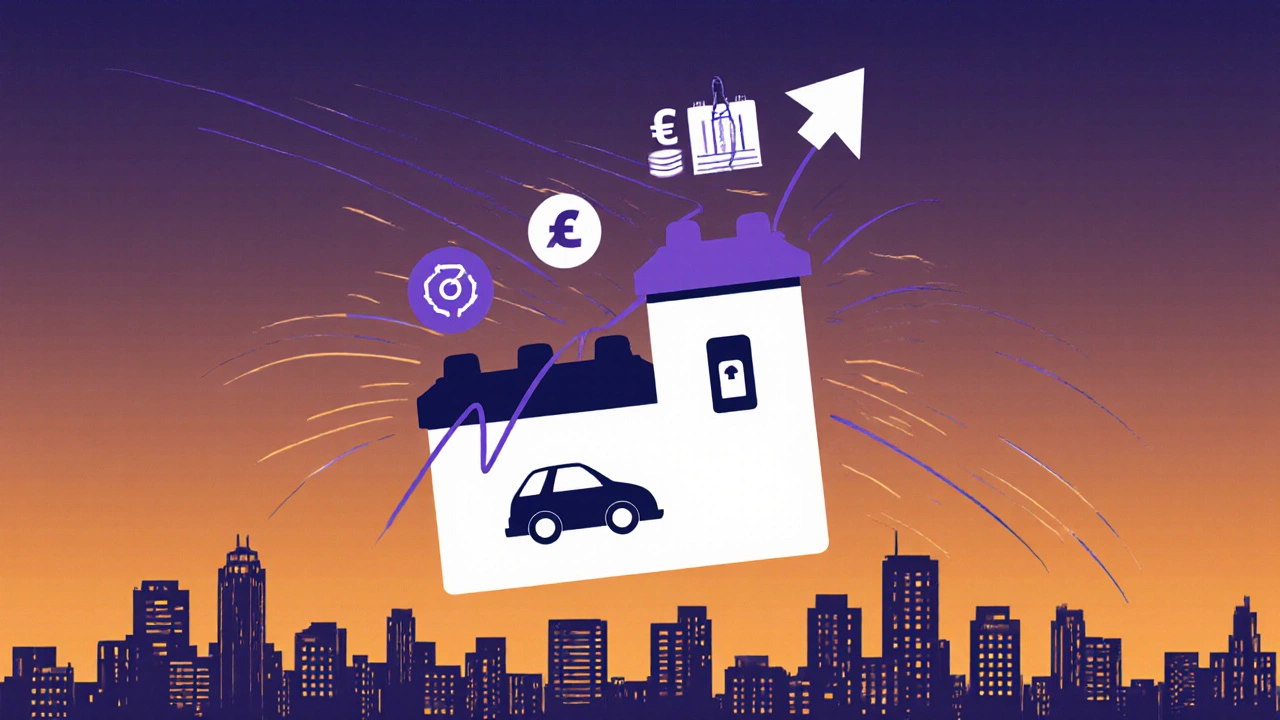 Ein Kosten-Graph in Form einer Batterie steigt über eine Stadt.