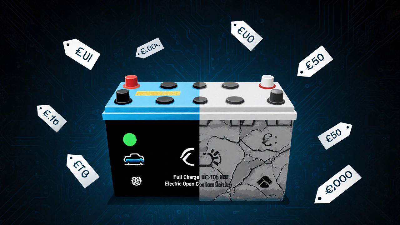 Eine alternde Elektroauto-Batterie mit Kostenangaben, symbolisiert als zerfallendes technisches Herz.